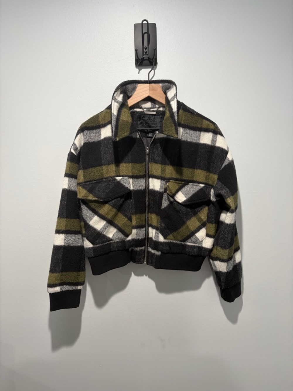 Jou Jou Plaid Zip-Front Women's Bomber Style Jacket - Black & Olive M